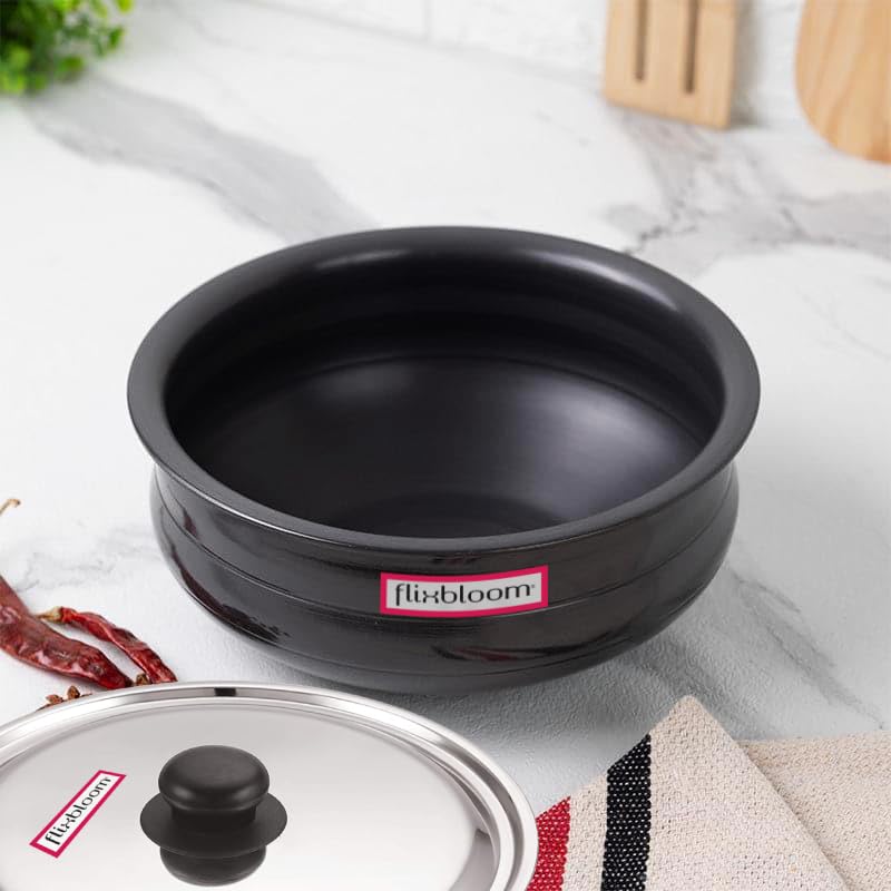 Image of gradely Kitchen Cookware Hard Anodised Traditional Virgin Food Grade Aluminium Induction Base & Stovetop Compatible Urli /Uruli for Cooking with Lid (Hard Anodised Black, 4 Litre Uruli)