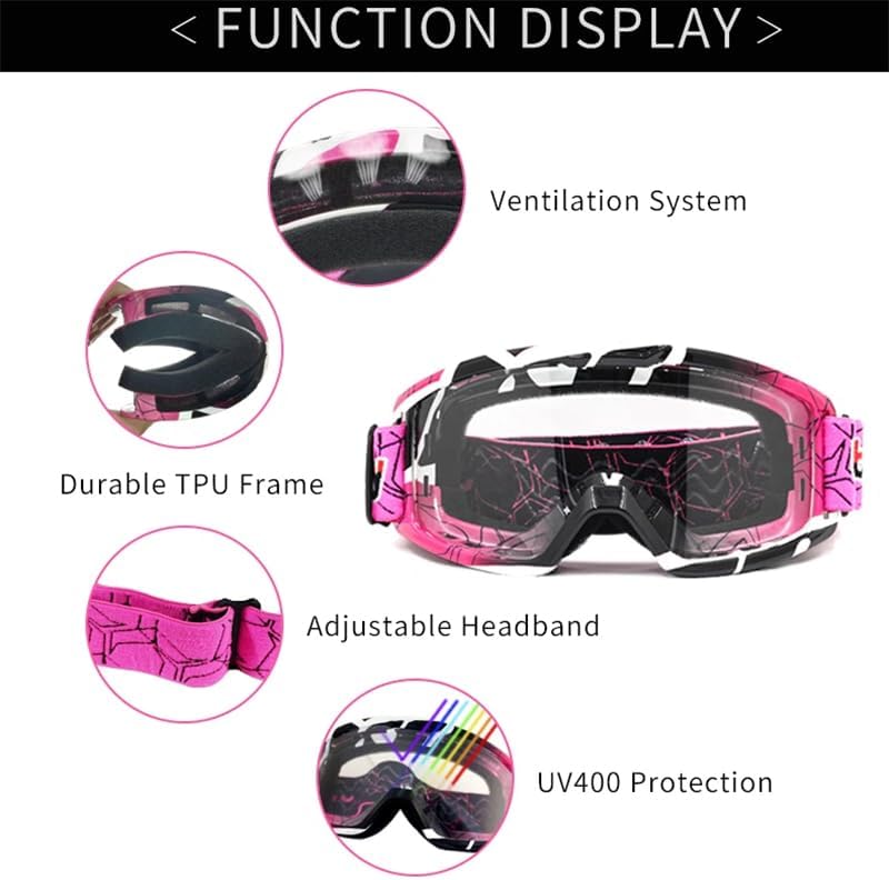 Key functions of MT003 goggles: Ventilation System, Durable TPU Frame, Adjustable Headband, UV400 Protection