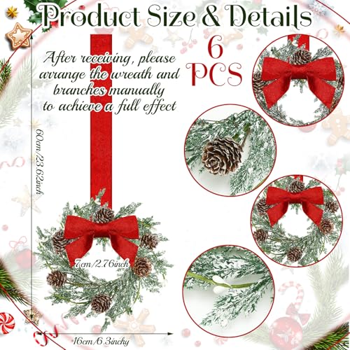 Image of Dingion 6 Pcs 6 inch Christmas Mini Cabinet Wreaths Cedar for Kitchen with Ribbon Bows Red Berry Frosted Cedar Pine Small Window Wreath for Window Door Home Wall Farmhouse Christmas Party Decorations