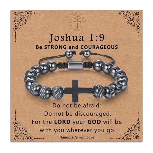 ilasif Cross Bracelet Christening Gifts for Boy, Adjustable Woven Bead Son Bracelet Gifts for Teen Boys, Christmas Birthday Baptism Christian Gift for Son Grandson Nephew Brother (Joshua 1:9)