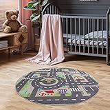Pasha Home Kinderteppich 100 cm Rund / Autoteppich aus Polyester- und Flanellfasern / Teppiche fürs Kinderzimmer antirutsch und schmutzabweisend / Spielteppich mit Straßenmotiv waschbar