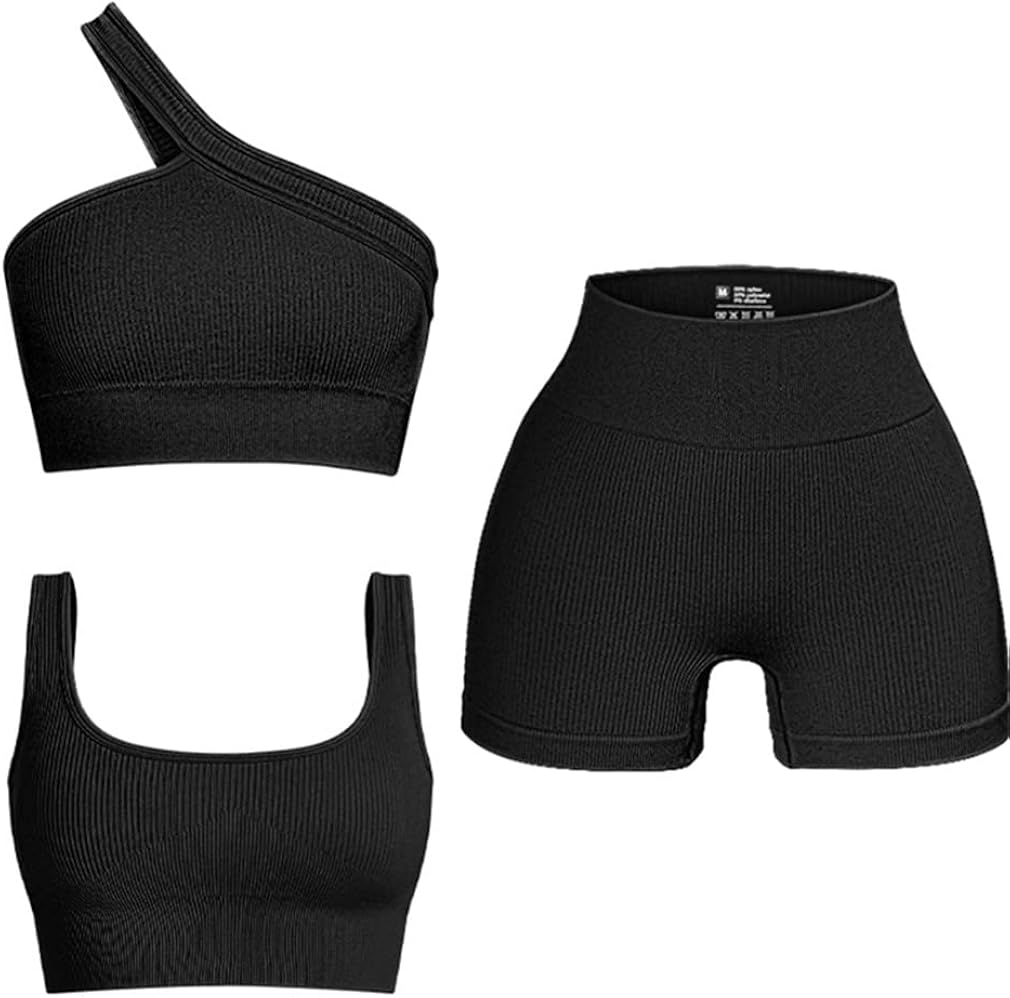 OQQ Women's 3 Piece Outfits Ribbed Seamless Exercise Scoop Neck Sports Bra One Shoulder Tops High Waist Shorts Active Set : Clothing, Shoes & Jewelry