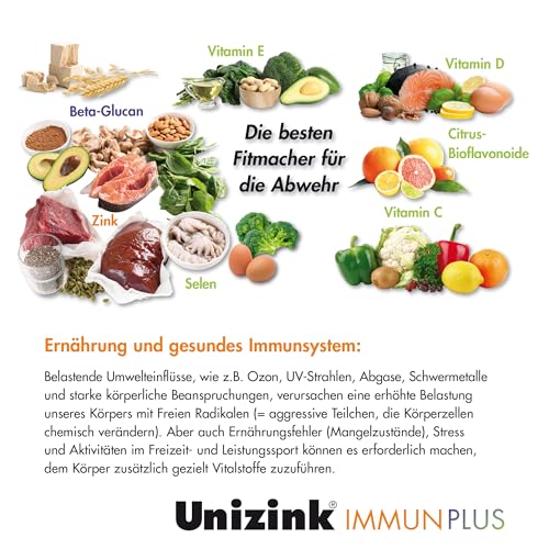 Unizink IMMUN PLUS – Nährstoff-Komplex mit Zink, Vitamin C, D3 und E sowie Selen, Bioflavonoiden und Beta-Glucan, unterstützt eine normale Funktion des Immunsystems, gluten- & laktosefrei, 90 St