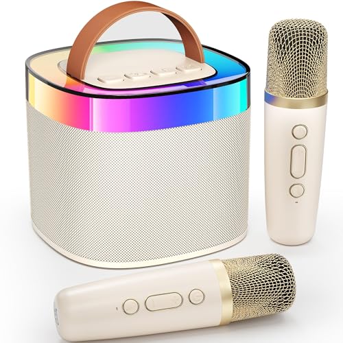 Machine de karaoké portable Bluetooth beige avec 2 micros sans fil et lumières LED de fête