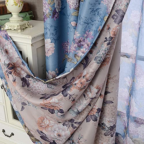 SUOUO Lot de 2 Rideaux occultants Double Face à Motif Floral pour Chambre à Coucher et Salon, 132 x 213 cm de Long, Bleu Pivoine
