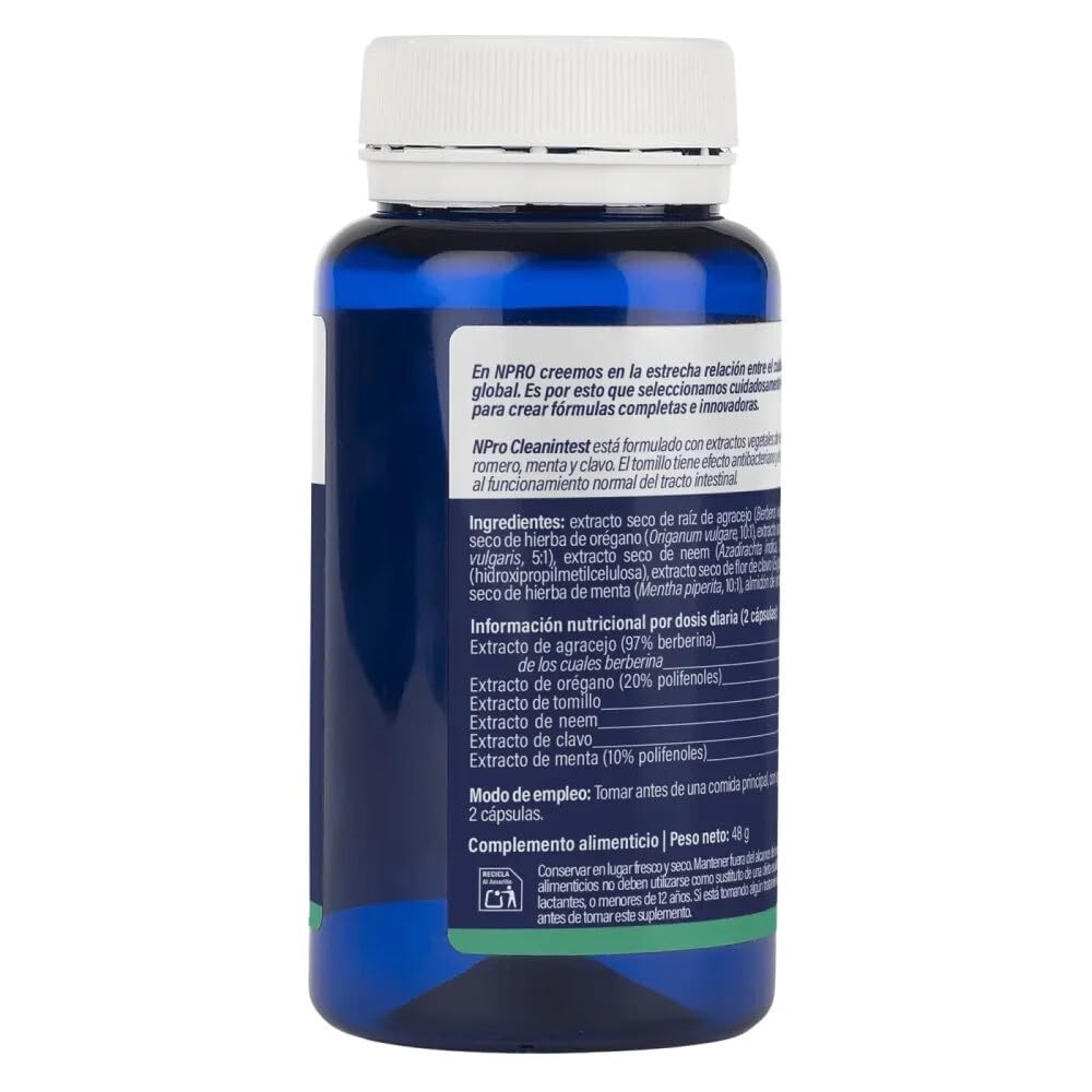 NPro SALUD INTESTINAL Cleanintest 60 Cápsulas – Neem, Berberina, Orégano, Tomillo y Clavo - Suplemento Antimicrobiano Natural para Limpieza Intestinal