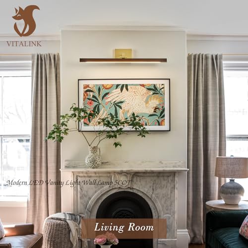 Image of Wood Picture Lights for Wall, Gold Hardwired 27.5 inch Long LED Wall Picture Vintage Artwork Paintings Display Lighting Wall Lamp Bathroom Vanity Light Dimmable 5CCT