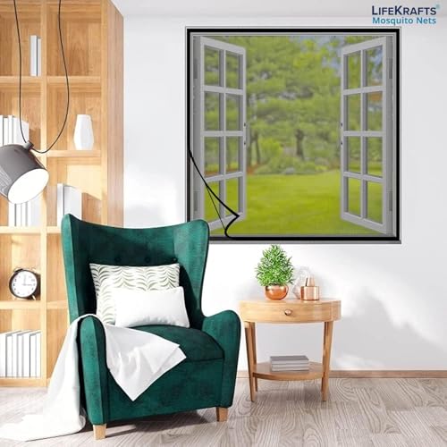 Image of LifeKrafts Standard Size Pre-Stitched Polyester Window Mosquito Net | 80 GSM, Readymade with Self-Adhesive Hook Tape | Fits All Window Types | 60x120cm /24x47 Inches /1.97x3.94 Feet, Color-Beige