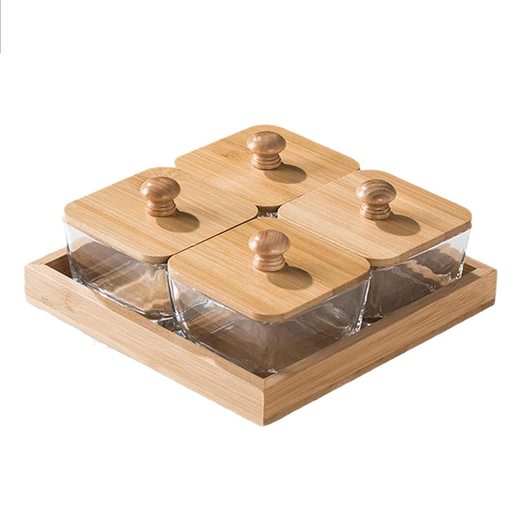 Qpzk Bamboo Divided Fruit Tray With Lid,Wooden Divided Serving Tray With Lid,Square Snack Serving Tray,Snack Organizer Fruit Platter Tray For Parties,Candy Storage Box 4