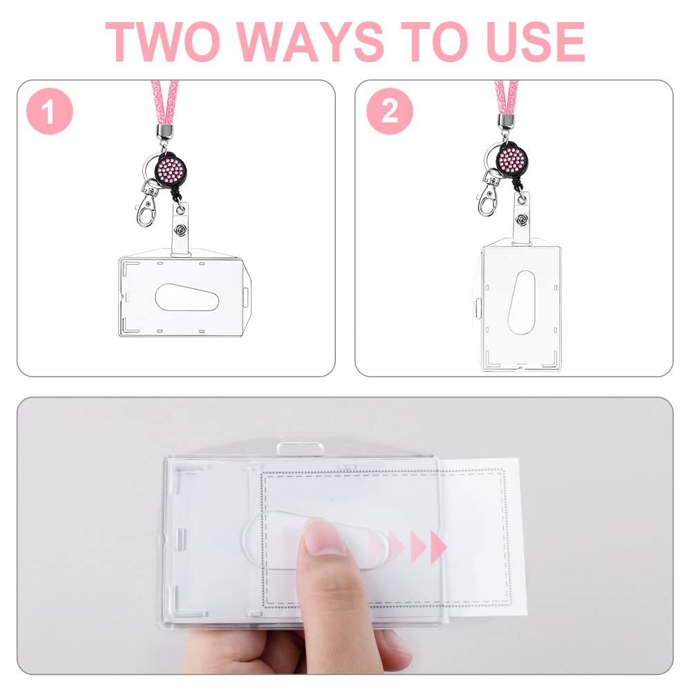 Vicloon Porta Badge Titulares con Cristal Cordon, Transparentes Portatarjetas de Identificación con Cristal Lanyard y Llavero Retráctil, Portatarjetas Colgante, para Tarjeta Tráfico Escuela-Rosa