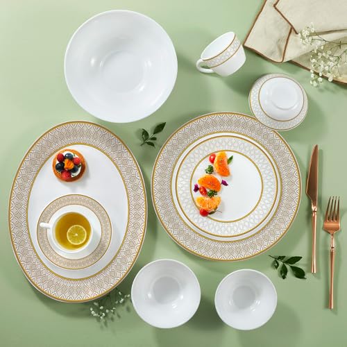 Image of Larah by Borosil Opalware Dinner Set Microwave & Dishwasher Safe | Bone-Ash Free | Crockery Set for Dining & Gifting | Plates & Bowls (Marigold Veil, 60pc)