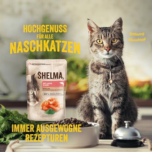 Shelma Katzen-Nassfutter Fleisch und Fisch Multipack mit den Sorten Rind, Lachs, Huhn und Kabeljau – Getreidefreies Alleinfuttermittel mit hohem Fleischanteil – 12 x 85 g (1,02 kg)
