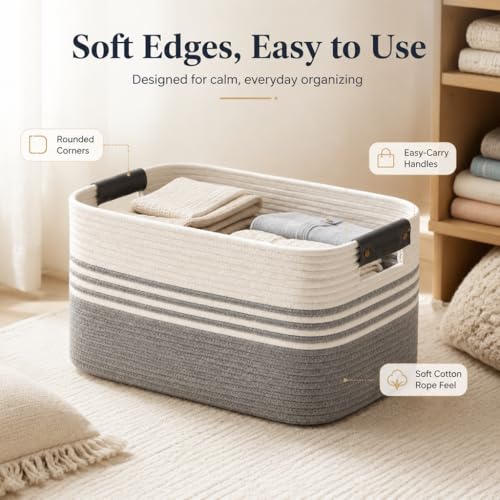 Image of Cotton Rope Laundry Basket Extra Large, 22.8GAL Collapsible Woven Storage Baskets for Living Room Kids Toys Stuffed Animal,Boho Rectangular Decorative Hamper for Dirty Clothes, Blankets White Grey