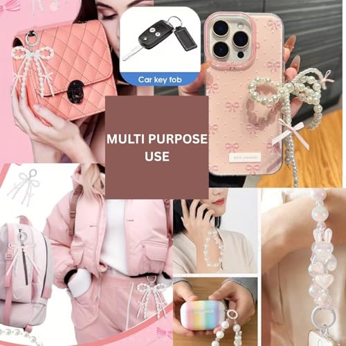 Image of Phone Charm with Beaded Chain | Acrylic Phone Strap for Mobile Keys & Bags | Decorative Wrist Strap | Lanyard Charms | Keychain Accessory for Women Girls (Pink-Bow-Pearl)