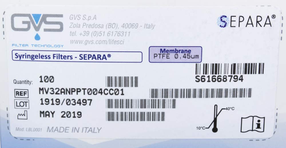 GVS Filter Technology, SEPARA Spritzenlose Filter Vial, PTFE Membran, 0.45µm, 100/pk