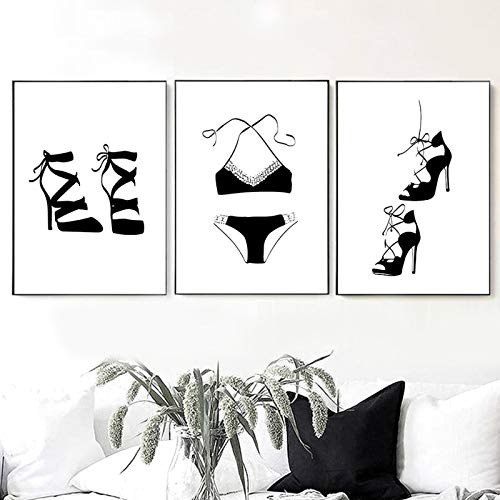 Toile Peinture Nordique Fashion Girl Tableau Salon Noir et Blanc 3 Pièces 50x75cm