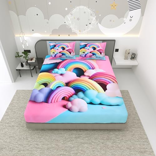 Image of Dream Weaverz 7D Bedsheet for Double Bed King Size with 2 Pillow Covers | Digital Printed & Fitted Elastic for Kids | Soft Glaze Cotton Feel | Fits Upto 12 Inch Mattress (Rainbow & Clouds)