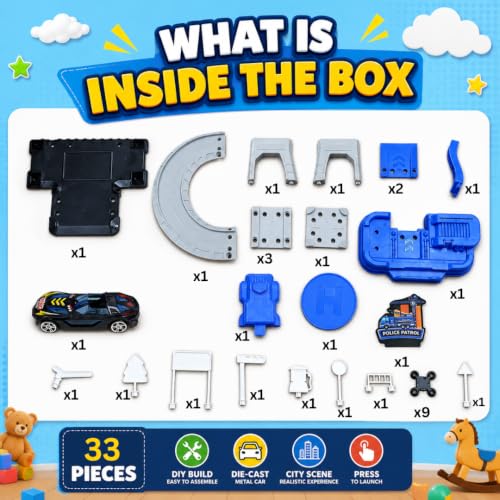 Image of WISHKEY Car Launcher Toys for Kids Parking Lot Toy for Kids 3+ Years, DIY Engineering Garage Playset with Die-Cast Car, Building Track, Launcher, Pretend Play Activity, Birthday Gift for Boys Blue