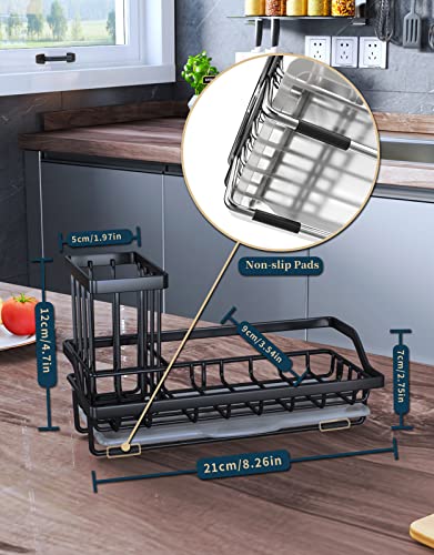 Consumest Sponge Holder For Kitchen Sink, Sink Caddy Kitchen Sink Organizer With Removable Drip Tray For Countertop Dish Soap Holder Dispenser Brush Holder, 304 Stainless Steel - Black #TOP2