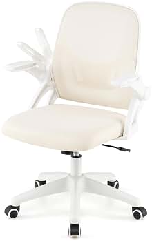 GYMAX Silla de Oficina Ergonómica, Silla de Escritorio de Malla Transpirable con Soporte Lumbar Integrado, Reposabrazos Abatibles, Ruedas, Altura Ajustable, para Trabajo, Estudio (Beige + Blanco)