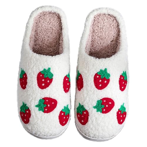 Cherry Slippers for Women, Cartoon Fruit Strawberry Slip-on Cozy Fuzzy House Cotton Slippers