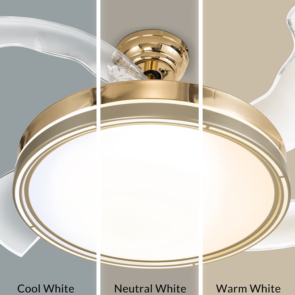BAKAJI Ventilatore Lampadario da Soffitto Ø106cm in Acciaio e 4 Pale in ABS richiudibili a scomparsa, Plafoniera 36W LED cambio colore, 3 Velocità e Inversione Rotazione, Timer e Telecomando (Bronzo)