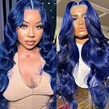Long 36 Inch Dark Blue Lace Front Wigs Human Hair Body Wave Navy Blue 13x4 HD Lace Frontal Wig Wear and Go Glueless Royal Blue Wigs Human Hair Pre Plucked With Natural Hairline Wigs For Black Women