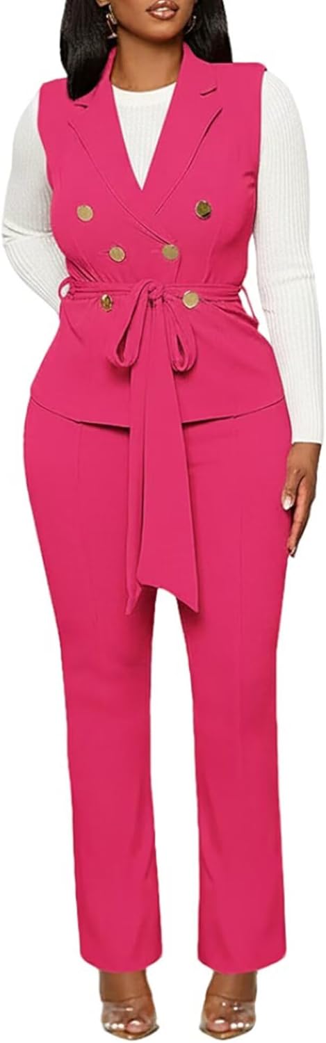 Womens 2 Piece Blazer Pants Set 2025 Trendy V Neck Sleeveless Belted Vest Straight Long Pants Business Suit Sets