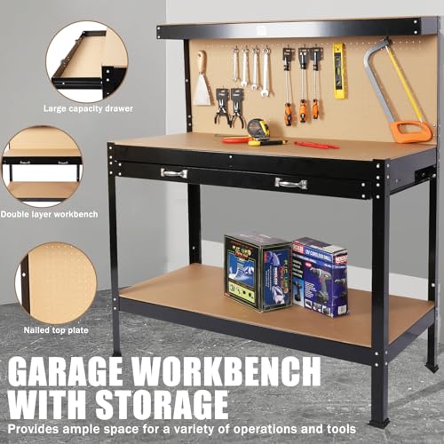 SPOWAY 63\'\' Garage Workbench, 300 Lbs Load Capacity Heavy Duty Work Bench, Workbench with Pegboard Drawer Backplate Metal Frame Wood Top Workbench for Workshop Office Home Garage - Thumbnail 4