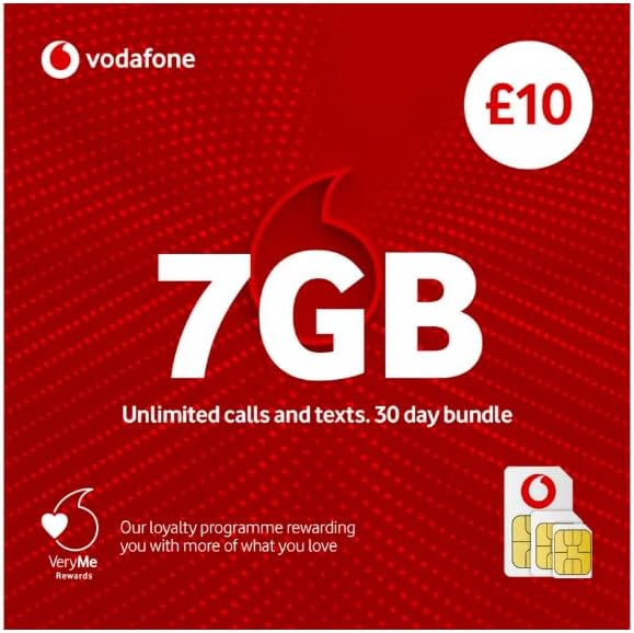 Vodafone 7GB Data Bundle, 30 Day Unlimited Calls and Texts, £10 | Pay As You Go | UK SIM CARD