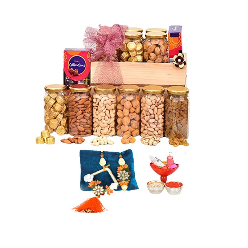 Image of NUTRI MIRACLE Rakhi Dry Fruit & Nut Gifts Box /Hamper For Brother /Bhai With Floral Couple Pair N Chocolates, 650gm