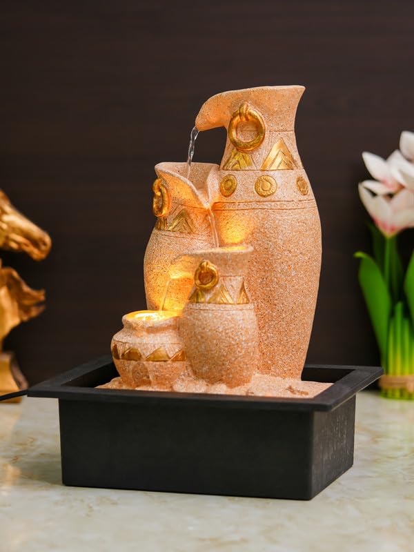 Image of Polyresin Sand & Golden Designer Table Top Jug Style Indoor 3 Steps Home Decor Water Fountain with Yellow LED Light & Water Flow Controller Pump (Size: 40 x 29.5 x 22CM | Weight: 2095grm)