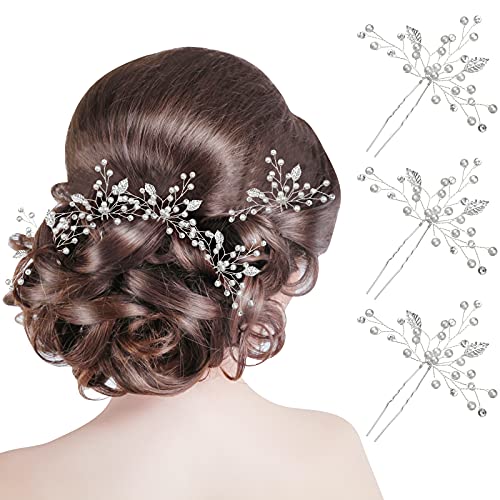 8 Pieces Bride Wedding Pearls Hair Pins Bridal Leaf Flower Hair Pins Rhinestone Bridesmaid Hair Pieces Wedding Hair Accessories for Women and Girls (Silver)