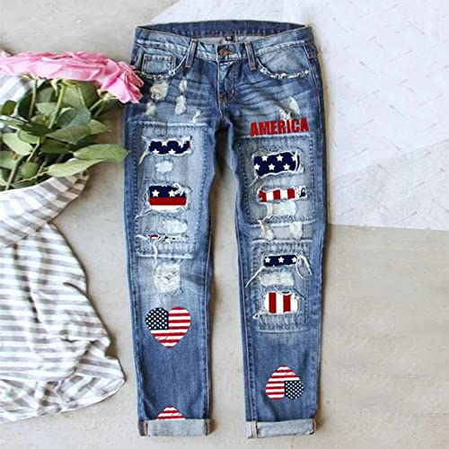 Womens Boyfriend Jeans Stretchy Ripped Distressed Heart American Flag Denim Pants2