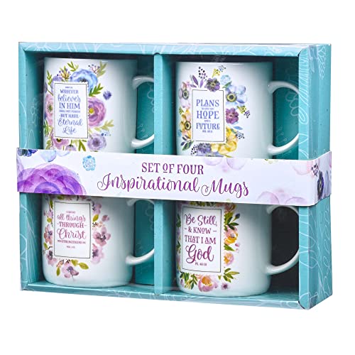Christian Art Gifts Ceramic Coffee/Tea Mug Set For Women | Inspirational Watercolor Flowers Design Bible Verse Mug Set | Boxed Set/4 Coffee Cups #TOP7