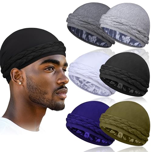 6 Pack Satin Lined Turbans for Men Silky Mens Turban Durag for Waves Braids & Hair Care