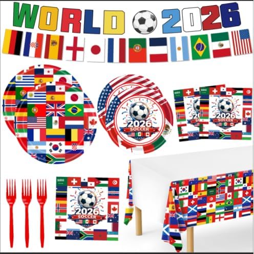 026 Soccer Party Supplies, Soccer Plates and Napkins-Serves 24 with Tablecloth and Banner Forks for Sports Soccer Party Decorations
