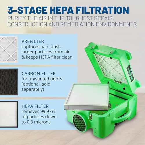 Image of BlueDri Air Shield 550 HEPA Air Scrubber, Water Damage Restoration Equipment Air Purifier, Covers 1400 Sq. Ft, Daisy Chain Capable, For Commercial Use, Green, BD-AS-550