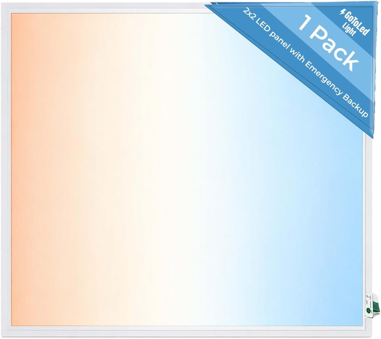 GoToLed 2x2 LED Flat Panel Light Emergency Battery Backup, 40W-3000K/4000K/5000K, 0-10V Dimmable, 4390 Lumens, LED Drop Ceiling Light, 100-277V, DLC and UL Listed, Ultra Thin Back-Lit (1 Pack)