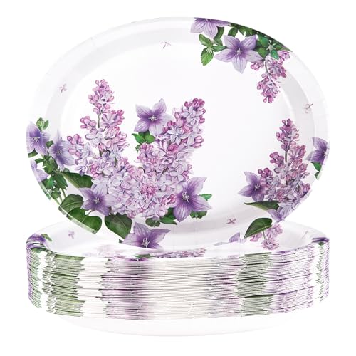 Greencian 50 Pcs Lilac Large Oval Paper Plates for Spring Summer 10" x 12"