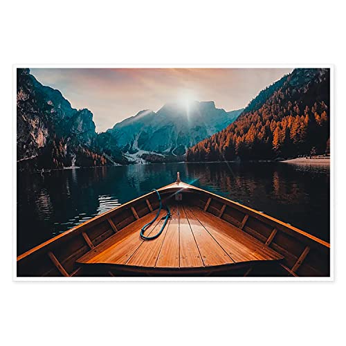 Peinture à l'huile sur toile abstraite sans cadre Motif bateau et montagne 20,3 x 30,5 cm