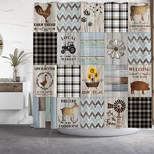 Onecmore Patchwork Farmhouse Shower Curtain Vintage Country Rustic Western Animal Wooden Plank Wood Decor For Home Bathroom Bathtubs Sets Decoration Washable Durable Polyester Fabric 72"X72" #TOP5