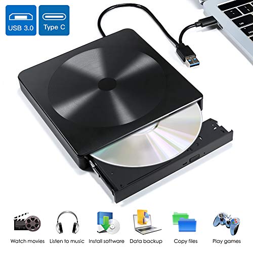 VOLADOR Grabadora CD/DVD Externa, Lector CD/DVD con USB 3.0 y Tipo C Unidades de DVD Externa Portátil CD/DVD /-RW/ROM, Compatible con WIN98/7/8/10/XP, Vista, Mac os 8.6 o Superior