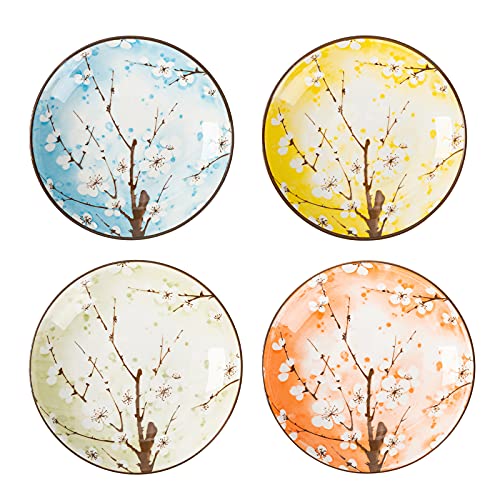 Tj Global Set Of 4 Japanese Pottery Ceramic 7 Inch Plates For Any Meal And Any Dish, Japanese Dinnerware And Tableware Comes In Assorted Colors With Cherry Blossom Design #TOP21