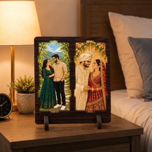 Image of Wooden Dual Photo Frame for Couple & Wedding Photos Personalized Tabletop MDF Picture Frame with Stand Anniversary, Wedding & Valentine Gift 6.5 x 4.5 Inch
