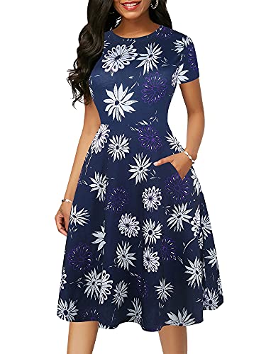 Image of oxiuly Women Casual Dress Round Neck Soft Cotton Floral A-Line Midi Summer Dresses with Pockets OX262