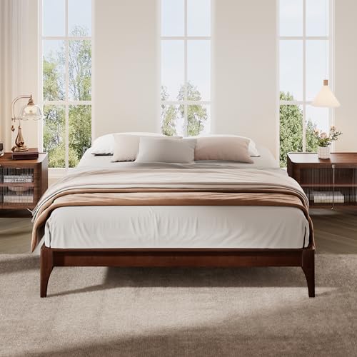 Merax Mid-Century Bamboo Platform Bed, Queen Size Bed Frame with Wood Slat Support, No Box Spring Needed, Easy Tool-Free Assembly, Chocolate