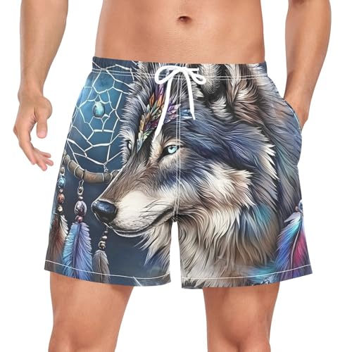 Dreamcatcher Wolf Mens Swim Trunks with Liner, Cool Quick Dry Beach Swim Shorts, Swimwear Bathing Suits S