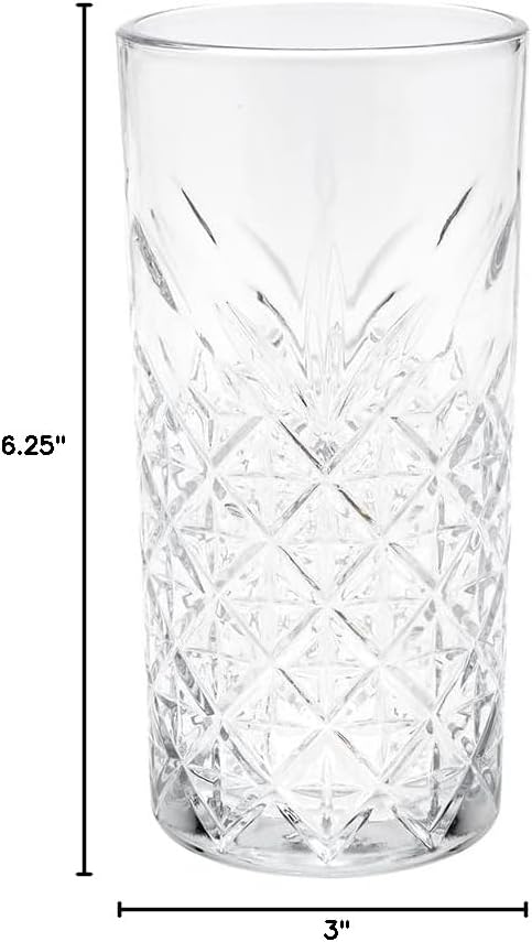Restaurantware Timeless 15 Ounce Tall Beverage Glasses Set of 6 Etched Drinking Glasses - Dishwasher-Safe Chip-Resistant Clear Glass Water Glasses Lead-Free For All Types Of Drinks
