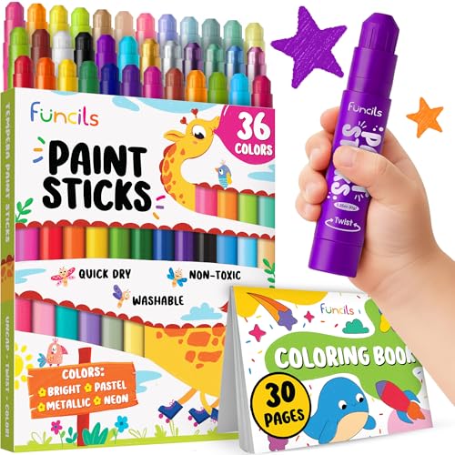 Funcils 36 Washable Tempera Paint Sticks for Kids with Coloring Book | Non-Toxic Markers for Toddlers 1-3 | Works on Paper, Canvas, Wood, Cardboard - Craft, Art Supplies for Kids 3-5, Painting Crayons